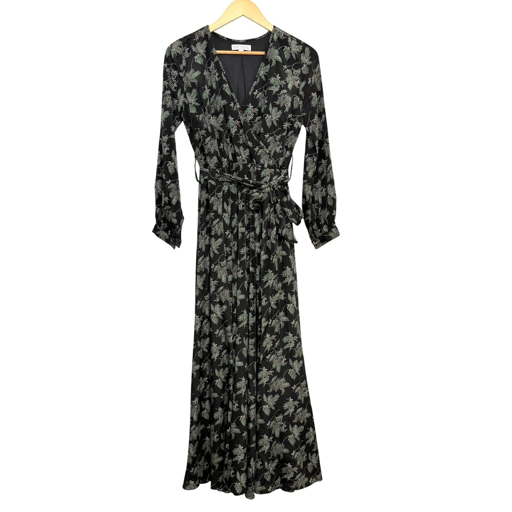 Ivy City Co Black Holly Berry Wrap Maxi Dress Long Sleeve Medium